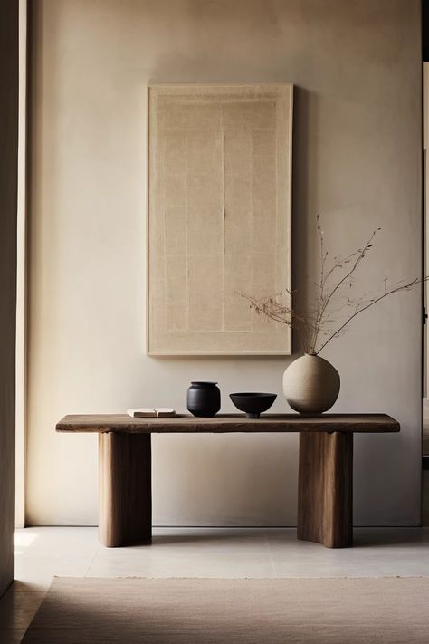 wabi sabi entry way with consol and neutral rug Console Table With Painting, Wabi Sabi Floral Arrangement, Wabi Sabi Console Table, Wabi Sabi Entrance, Japandi Console, Wabi Sabi Console, Wabi Sabi Entryway, Wabi Sabi Table, Wabi Sabi Apartment