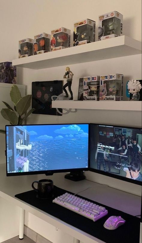 Gaming Minimalist Setup, Minimalist Gaming Setup, Bedroom Desk Setup, Setup Minimalist, Diy Floating Shelves, Small Game Rooms, Computer Desk Setup, Asian Music, Bedroom Setup