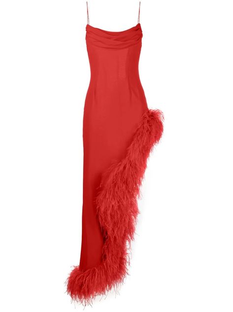 Alessandra Rich Red Asymmetric Feather-Trim Silk Gown | Smart Closet Wine Dress, Cocktail Wear, Diy Clothes Design, Designer Evening Gowns, Red Evening Dress, Red Dress Maxi, Alessandra Rich, Silk Gown, Ostrich Feathers