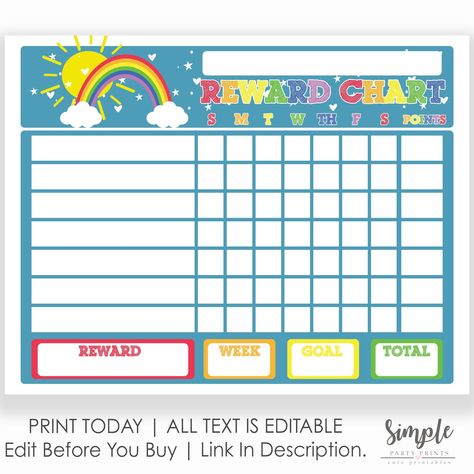 Rainbow Reward Chart Template, Personalized Colorful Responsibility Chore List for kids, Customized Printable Routine Chart Instant Download Simple Chore Chart, Reward Chart Template, Reward Chart Printable, Kids Reward Chart, Teacher Appreciation Gifts Printables, Chore List For Kids, Weekly Chore Charts, Printable Reward Charts, Sunday School Classroom