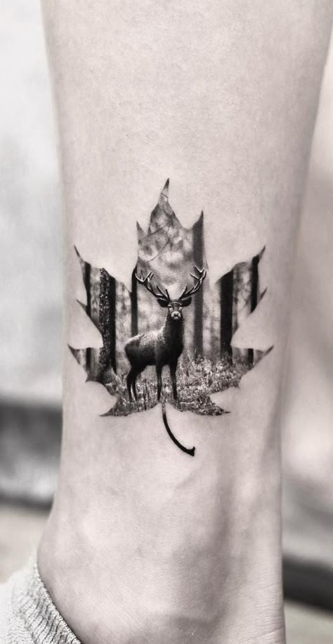 awesome double exposure leaf tattoo © tattoo artist •천안타투 문신하는집 Tattooist Yeono • @tattooist_yeono 💟💟💟💟💟💟💟 Wilderness Chest Tattoo, Buck Tattoo, Deer Head Tattoo, Elk Tattoo, Deer Skull Tattoos, Deer Tattoo Designs, People Architecture, Wildlife Tattoo, Hunting Tattoos