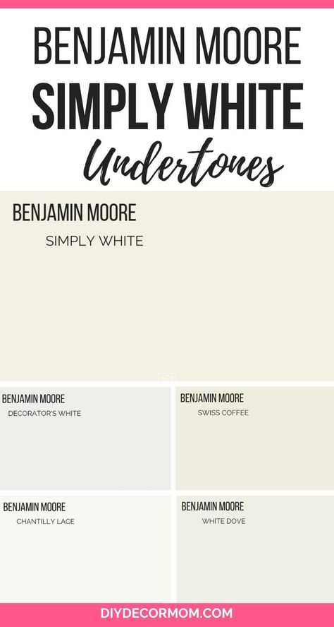 Benjamin Moore Simply White trim, cabinets, living room, and kitchen, and bathroom pictures plus the undertones and similar white paint colors compared! #benjaminmoore #simplywhite #paint #whitepaint Simply White Benjamin Moore Trim, Simply White Trim Benjamin Moore, Benjamin Moore Simply White, Trim Cabinets, Cabinets Living Room, Interior Paint Colors Schemes, Benjamin Moore White, Romantic Bedroom Decor, Best White Paint