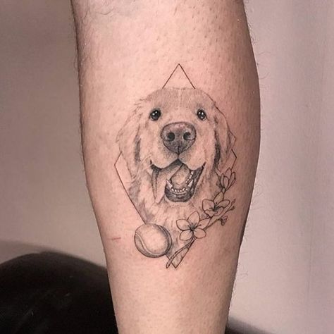 golden retriever ball and flower tattoo Tattoo Ideas Dog, Tattoos Simplistic, Golden Retriever Tattoo, Tatoo Dog, Puppy Tattoo, Small Dog Tattoos, Dog Tattoo Ideas, Matching Friend Tattoos, Dog Memorial Tattoos