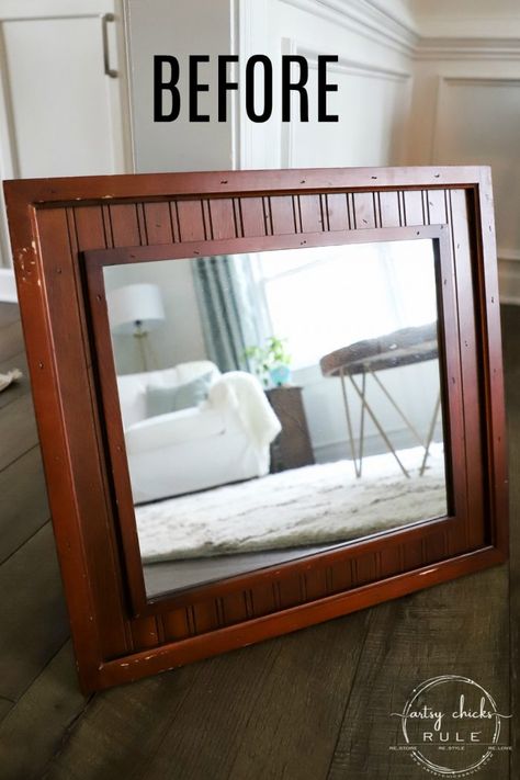 Coastal Style Thrift Store Mirror Makeover!! Budget friendly decor can be found at the thrift store. All you need is a little paint! artsychicksrule.com #thriftstoremakeovers #mirrormakeover #thriftymakeovers #painteddecor Painting Wooden Mirror Frame, Pretty Mirrors Bedroom Decor, Repurposed Dresser Mirror Ideas Upcycle, Mirror Refinishing Ideas, Diy Coastal Mirror, Wicker Mirror Makeover, Wood Mirror Frame Makeover, Upcycle Mirror Ideas, Rectangular Mirror Decor Diy