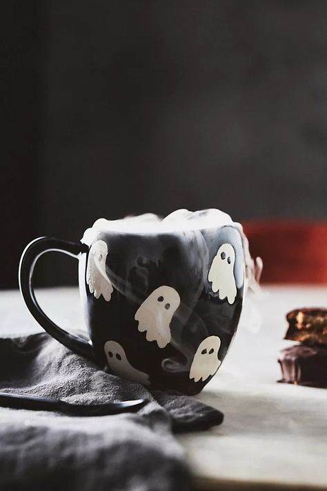 Best Gifts for Coffee Lovers | Anthropologie Handpainted Mug, Ma Design, Sweet And Spooky, Castlevania Wallpaper, Ghost Coffee, Christmas Pottery, Halloween Trends, Coffee Games, Family Estate