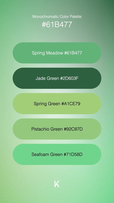 Monochromatic Color Palette Spring Meadow #61B477 · Jade Green #2D603F · Spring Green #A1CE79 · Pistachio Green #92C87D · Seafoam Green #71D58D Color Palette Spring, Palette Spring, Monochromatic Color Palette, Hex Color Palette, Spring Meadow, Green Colour Palette, Pistachio Green, Hex Colors, Vibrant Green