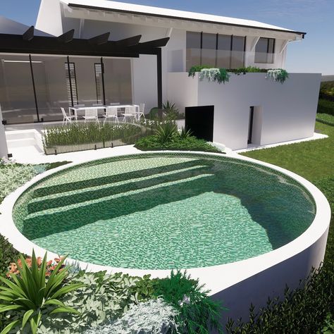 Small Round Pool Ideas, Round Swimming Pool Ideas, Round Concrete Pool, Circular Pool Design, Round Swimming Pools, Round Pool Ideas, Small Round Pool, Pool And Garden Design, Circular Pool