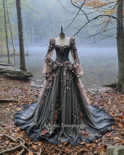 Fantasy Gowns With Armor, Book Ball Gown, Sarah Fantasy Gown, Ball Gowns Fantasy Fairytale Dark, Witchy Ball Gown, Fantasy Gown Aesthetic, Ballgown Dresses Aesthetic, Fae Ball Dress, Witch Ball Gown