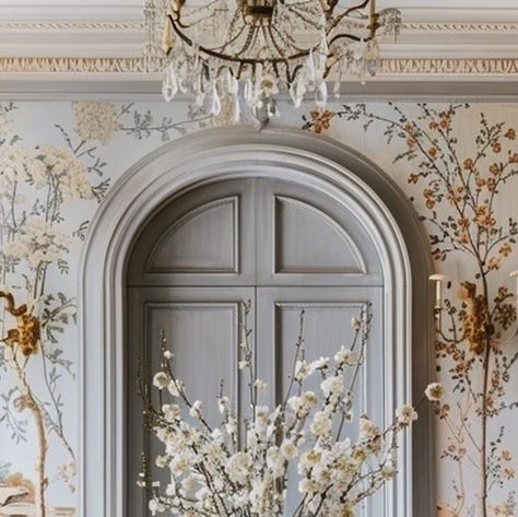 Kathy Kuo Home on Instagram: "The wallpaper inside these beautifully paneled dining room walls has me so inspired! I absolutely love the additional charm it brings to a grand room, adding depth and personality that makes the space feel even more inviting. I'd be hosting dinner parties daily!" Dining Room Mural Ideas, Wallpaper On Ceiling In Dining Room, Dining Rooms With Wallpaper, Paneled Dining Room, Dining Room Murals, Grand Room, House Wallpaper, Hosting Dinner, Host Dinner Party