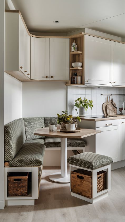 Box Kitchen Layout, Cosy Corner Kitchen, Mini Corner Kitchen, Tiny Eating Area, Seating In Small Kitchen, Small Eat In Kitchen Layout, Tiny Kitchen Design Small Apartments, Small Kitchen Eating Area, Small Kitchen With Dining Area