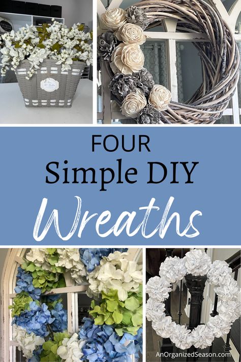 Looking for a fun DIY project to brighten up your home? 💡 Check out these Four Simple DIY Wreaths! With easy-to-follow steps and materials you probably already have lying around, you'll have a brand new wreath in no time! 🎨 Please pin this and follow us for more DIY and seasonal home decor inspiration! 📌 Wood Flower Wreath, Plain Wreaths, Paper Flower Wreaths, Basket Wreath, Creative Wreaths, Diy Spring Wreath, All Season Wreath, Pretty Wreath, Wreath Maker