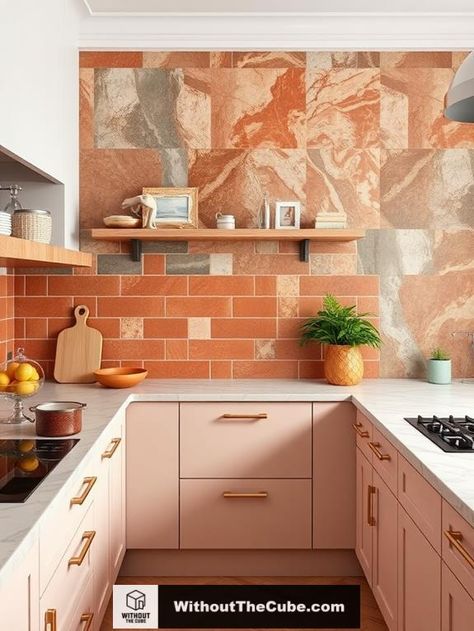 Elevate your kitchen with unique tile texture combinations. Mixing and matching tile textures introduces dynamic visual interest, allowing for affordable yet impactful design choices. Experiment with contrasting finishes, complementary sizes, and varied shapes to create depth and harmony. Discover how these combinations can transform your kitchen into a stunning focal point. #HomeDecor #KitchenDesign #ColorfulTiles #BohoStyle #ModernHome #DIYIdeas Pink Backsplash Kitchen, Colorful Kitchen Tile, Colorful Tile Backsplash, Tile Makeover, Eccentric Kitchen, Sparkle Tiles, Color Tile Backsplash, Splashback Kitchen, Backsplash Tile Design