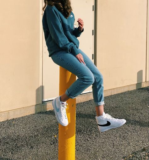 #outfits #nike #blazer #trendy #blue Nike Blazers Outfit, Nike Blazers, Nike Blazer, Blazer Outfits, Outfit Idea, Ripped Jean, Hair Makeup, Blazer, Nike