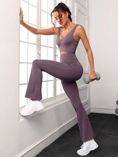 Strappy Back Contrast Mesh Sports Jumpsuit | SHEIN USA Jumpsuit Activewear, Libra Mars, Mars Aesthetic, Ballet Stuff, Sports Jumpsuit, Plain Jumpsuits, Yoga Jumpsuit, 2024 Ideas, Purple Collar