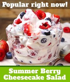 Summer Berry Cheesecake Salad. Use honey, cream, and vanilla (at bottom of recipe) instead of coffee creamer. Berry Cheesecake Salad, Cheesecake Fruit Salad, Cheesecake Salad, Banana Split Dessert, Banana Cheesecake, Fluff Desserts, The Slow Roasted Italian, Berry Cheesecake, 4th Of July Desserts