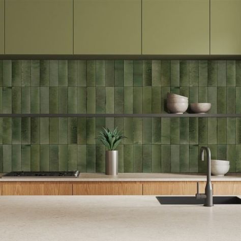 Green Brick Tiles Kitchen, Brick Tiles Kitchen, Tile Giant, Shaped Tiles, Brick Wall Tiles, Green Backsplash, Tile Counters, Green Porcelain, Rectangle Tiles