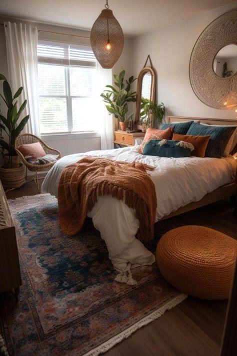 Maximalist Meets Minimalist, Simple Boho Room Ideas, Cozy Maximalism Small Bedroom, Bright Cozy Bedroom, Boho Chic Apartment, Cali Bedroom, Apartment Decorating Boho, Boho Bedroom Aesthetic, Boho Decor Ideas