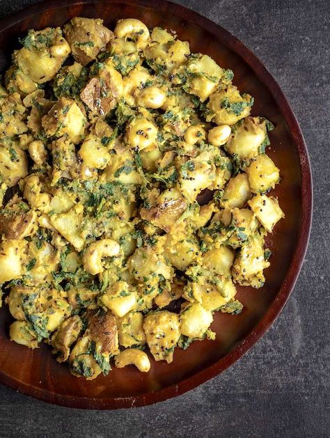 Potatoes with Fenugreek (Methi Batākā Nu Shāk) Fenugreek Recipes Cooking, Fenugreek Recipes, Basmati Rice Pilaf, Spiced Potatoes, Indian Recipes Authentic, Fenugreek Leaves, Roasted Cherry Tomatoes, Rice Pilaf, Focaccia Bread