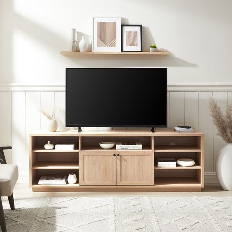 Storage Tv Stand, Coastal Oak, Transitional Contemporary, Tv Stand Wood, Brick Design, Wood Console, Door Storage, Stick On Tiles, Fireplace Surrounds