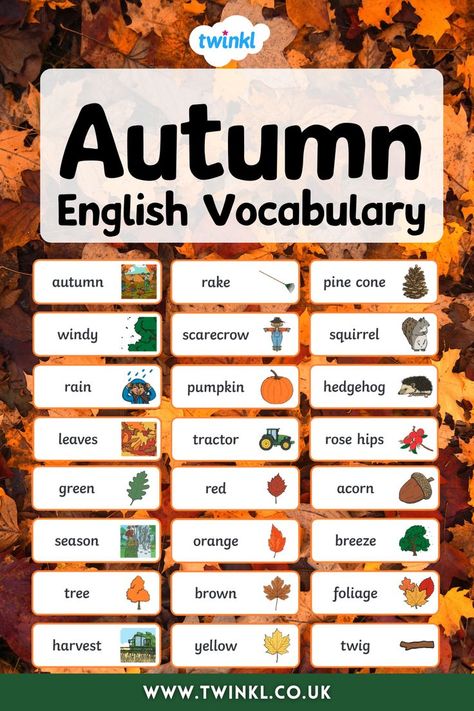 Autumn English Vocabulary Cards Autumn Words, Fall Vocabulary, Efl Teaching, Weather Vocabulary, Esl Teaching Resources, Teaching Vocabulary, Vocabulary Lessons, Halloween Words, English Activities