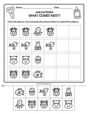 Educational printables and other resources for teaching and homeschooling: Cute animals AAB patterns. Copy, extend, complete and create your own patterns. Cut and paste. Ab Pattern Worksheet, Abb Patterns, Math Sort, Preschool Patterns, Ab Patterns, Abc Patterns, Abc Worksheets, Math Patterns, English Teaching Materials