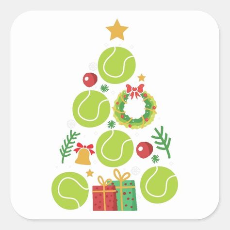 Tennis Christmas Tree Christmas Sports Gift Square Sticker - Tennis Tennis Christmas Card, Tennis Christmas Tree, Christmas Tennis, Happy Drawings, Pickleball Tshirt, Tennis Christmas, Door Decorations Classroom Christmas, Creative Pumpkin Decorating, Fun Christmas Cards