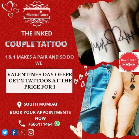 Get 2 tattoos at the price of 1 and celebrate love with mumbai tattoo studio located at kalbadevi road Book appointments now 7666111464 Free Valentine, Celebrate Love, Hair Studio, Couple Tattoos, Tattoo Studio, Infinity Tattoo, Stuff To Do, Mumbai, Valentines Day