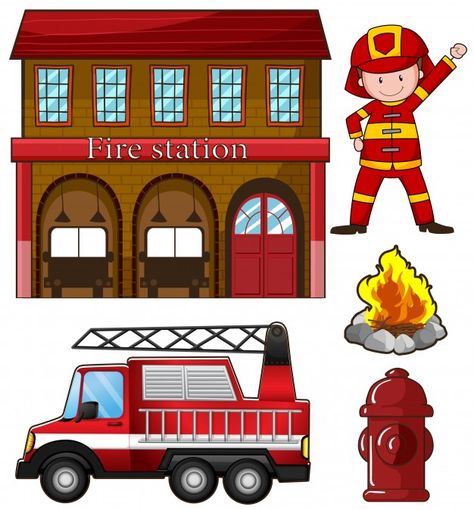 Fireman and fire station illustration Free Vector Firetruck Birthday, Happy Birthday Lettering, Community Helpers, Colorful Birthday, Fire Station, Fire Truck, Emergency Service, Preschool Worksheets, Free Vector Art