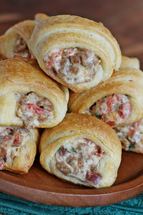 Croissant Sausage Cream Cheese, Ground Sausage Recipes Appetizers, Rotel Sausage Cream Cheese Croissant, Rotel Cream Cheese Crescents, Ground Sausage Appetizer Recipes, Cream Cheese Rotel Sausage Balls, Sausage Croissant Rolls, Sausage Pinwheels Cream Cheese, Rotel Sausage And Cream Cheese Crescents