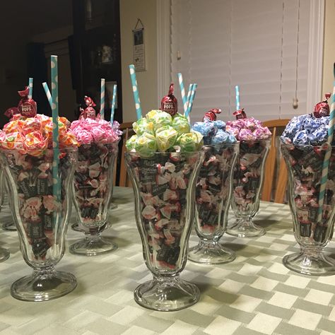 Ice Cream Sundae Candy Bouquet, Dum Dum Flower Pot Lollipop Tree, Tootsie Roll Gift Ideas, Dum Dum Lollipops Ideas, Valentine Candy Bags, Float Bar, Table Treats, Tootsie Pops, Summer Drive