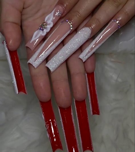 Nails Red Bottoms, Bottom Nails, Red Bottom Nails, Long Red Nails, Red And White Nails, Quinceanera Nails, Graduation Nails, Black Acrylic Nails, Red Acrylic Nails