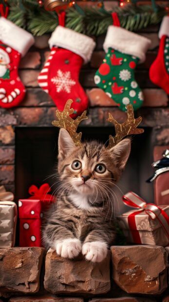 A whimsical scene of a kitten wearing reindeer antlers, sitting beside a cozy fireplace with Christmas stockings hanging above. Cool Animal Wallpapers, Christmas Cats Wallpaper, Christmas Cat Photos, Christmas Cat Wallpaper, Christmas Kitties, Descendants Costumes, Christmas Pets, Fall Coloring, Christmas Kitten