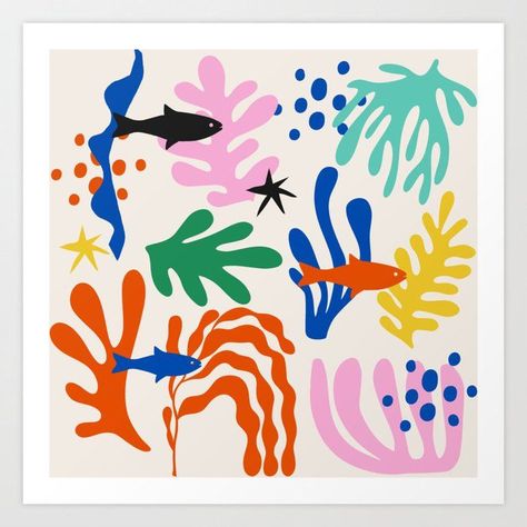 Ocean Life Matisse Paper Cutouts Art Print by Suneldesigns Matisse Paper Cutouts, Posters In Room, Matisse Inspired Art, Art Projects Kids, Art Prints Aesthetic, Matisse Cutouts, Animal Cutouts, Cut Out Art, Matisse Poster