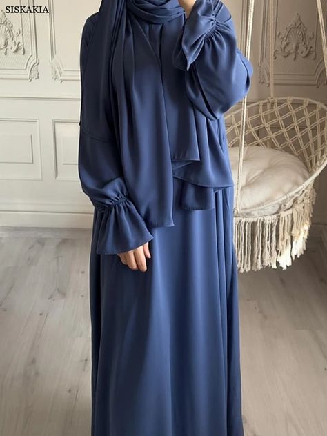 Siskakia Solid Modest Abaya Muslim Woman Dubai Dresses With Headscarf Flare Sleeve Casual Clothing Islam Dubai Prayer Robe - AliExpress Abaya Dress Muslim, Modest Abaya, Lantern Dress, Lotus Root, Long Skirt Fashion, Polyester Skirt, Retro Skirt, Dress Muslim, Dark Coffee