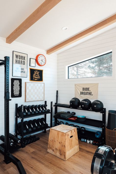 Our New Home Gym (separate building in backyard) - Nesting With Grace Small Home Gym Ideas, Home Gym Inspiration, Small Home Gym, Gym Design Interior, Home Gym Garage, Nesting With Grace, Workout Room Home, Shiplap Wall Diy, Basement Gym