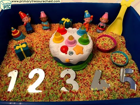 Birthday Party Themed Small World - Multi-sensory - Coloured Rice Tuff Tray Ideas and Activities Tuff Tray Ideas, Coloured Rice, Tuff Spot, Play Activity, Multi Sensory, Colored Rice, Tuff Tray, Tray Ideas, Small World Play