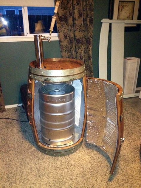 DIY kegerator made out of a wine barrel Bar With Kegerator, Beer Barrel Ideas, Diy Kegerator, Beer Keg Ideas, Kegerator Diy, Wine Barrel Bar, Diy Cooler, Barrel Ideas, Whiskey Barrel Furniture