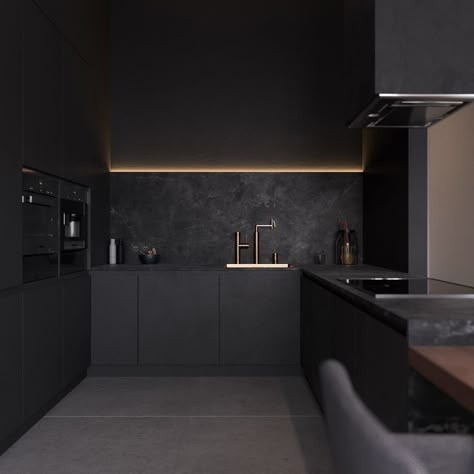 Grey Kitchen Interior, Contemporary Kitchen Interior, Dark Interior Design, Dark Grey Kitchen, Grey Kitchen Designs, Interior Design Minimalist, Black Interior Design, Dark Home, Luxury Kitchen Design