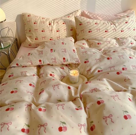 cherry and bow coquette bedding - unique bedding for luxurious bedroom Strawberry Bedding Aesthetic, Cherry Duvet Cover, Cherry Bed Sheets, Coquette Duvet Cover, Strawberry Sheets, Cute Bedsheet, Bedding Single Bed, Cherry Bedding, Duvet Covers Aesthetic