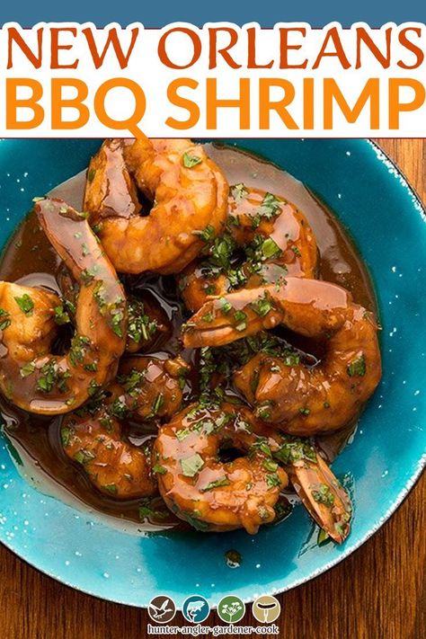 So, for those of you who are not familiar with New Orleans BBQ shrimp, this dish might seem confusing. After all, it’s not, strictly speaking, barbecue. Legend has it that BBQ shrimp was invented in the 1950s at a NOLA restaurant Pascal’s Manale when a guest, who’d returned from a trip to Chicago, described something like this to the chef at the time. | @huntgathercook #hankshaw #bbqshrimp #neworleansbbq #bestbbqshrimprecipe New Orleans Bbq Shrimp Recipe, Louisiana Bbq Shrimp, Bbq Shrimp Recipe, Barbeque Shrimp, New Orleans Bbq Shrimp, Creole Shrimp, Shrimp Bbq Recipes, Best Barbecue Sauce, Cook Shrimp