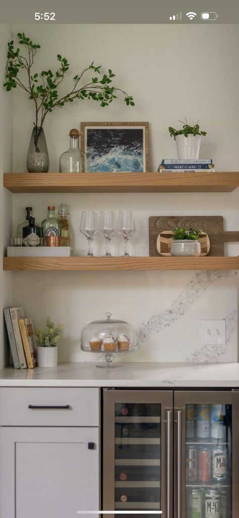 Bar Floating Shelves Decor, Coffee Bar Floating Shelves Decor, Floating Shelves Above Bar, Dry Bar With Floating Shelves, Coffee Bar With Floating Shelves, Floating Shelves Bar, Bar With Floating Shelves, Small Bars For Home, Kitchen Floating Shelves