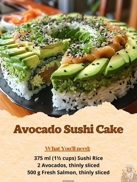 Easy Diabetic Recipes | Avocado Sushi Cake 🍣🥑 | Facebook Avocado Sushi Cake, Sushi Cake Recipe, Avocado Cucumber Sushi, Avocado And Cucumber Sushi Rolls, Traditional Sushi, Avocado Sushi, Recipes Avocado, Sushi Maker, Sushi Recipes Homemade