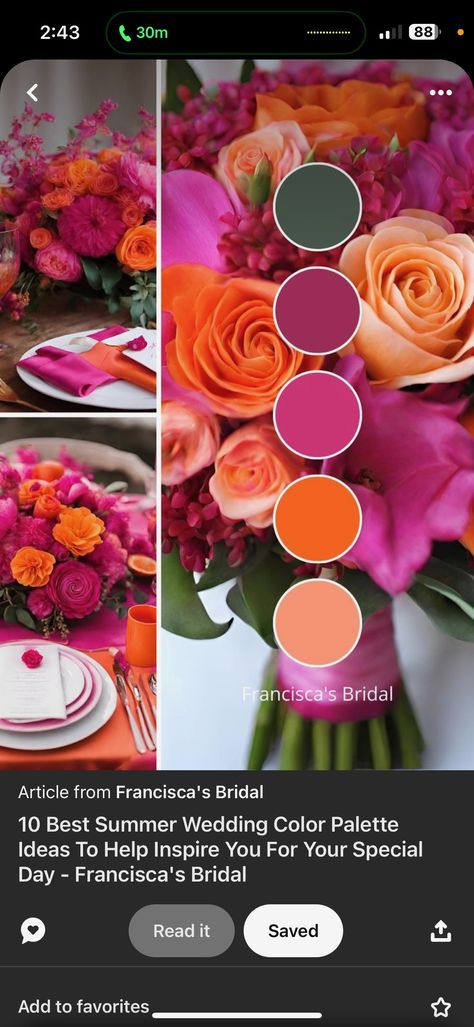 Apricot Wedding Theme, Sunset Color Palette Wedding Decor, Magenta Wedding Theme Color Palettes, Desert Sunset Color Palette Wedding, Pink Purple Orange Color Palette Wedding, Fuscia Wedding Palette, Bright Wedding Color Schemes, Anniversary Colors, Orange Purple Wedding