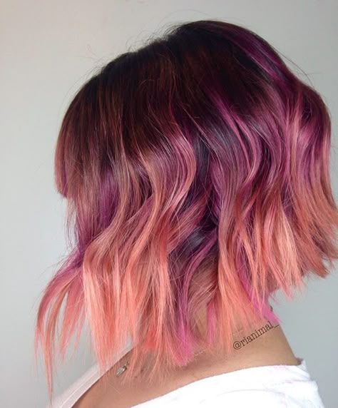 Purple To Peach Ombre Hair, Purple And Coral Hair, Purple And Pink Balayage, Purple And Peach Hair, Peach And Purple Hair, Pink And Purple Short Hair, Unique Hair Color Ideas, Unique Hair Color, Hair Color Ideas For Winter