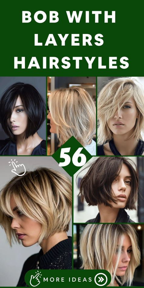 Elevate your bob haircut by adding layers that introduce dimension and movement, resulting in a chic and versatile hairstyle suitable for any occasion! Our expert stylists specialize in crafting layered bob hairstyles that are adaptable and simple to maintain. Whether you desire a layered bob with lengthy layers for a gentle and feminine appearance, a stacked bob with short layers for a confident and contemporary feel, or perhaps a layered bob featuring wispy ends for a textured and fun aestheti Back Of Bob Haircut Layered, Layers And Angles Medium Hair, Layered Bob Short Hair, Fine Hair Blonde Highlights, A Line Layered Bob, Angeled Haircut Medium Hairstyles, Longer Bob With Bangs, Layered Bob With Long Bangs, Bob With Layers Around Face