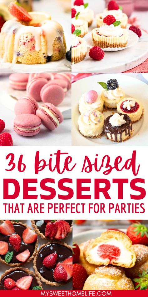 Mini desserts, maximum delight! Celebrate the charm of bite-sized desserts. They're perfect for a potluck or party. Desserts For Showers, Small Sweet Treats Mini Desserts, Mini Dessert Ideas Easy, Brunch Dessert Ideas Party, Dessert Appetizer Recipes, Prom Dessert Ideas, Mini Cakes For Tea Party, Wedding Dessert Potluck, Best Shareable Desserts