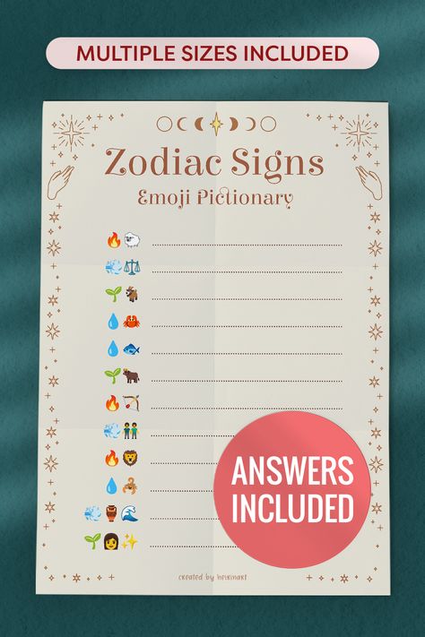 Image of a US Letter size paper with the text: Iconic Zodiac Signs Emoji Pictionary Game, Multiple sizes included, 20 questions with answers Astrology Games For Adults, Printable Party Games, Emoji Quiz, Emoji Game, Party Games For Kids, Emoji Pictionary, Emoji Games, Astrological Signs, Kids Party Games