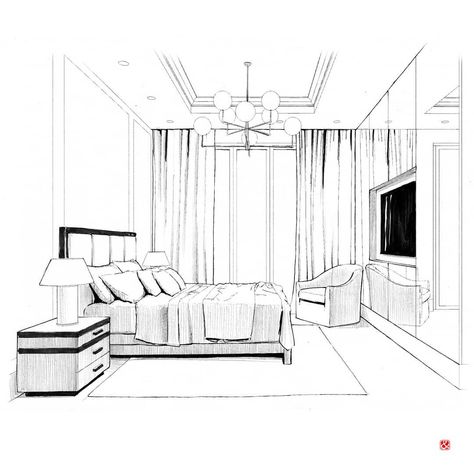 Master bedroom ink sketch. #bedroominterior #interior #bestsketch #arch_more #architectureape #archsketch #arqsketch #arch_cad #conceptsketch #mastersketch #interiorsketch #interiorillustration #sketch_architect #archisketcher #interiorconcept #interiordesign #handrendering #alvindrafting #designconcept #interiordrawing #интерьерспальни #эскизинтерьера Sketches Perspective, Sketch Room, Room Perspective Drawing, Perspective Room, Interior Architecture Sketch, Architecture Sketches, Interior Design Videos, Bedroom Drawing, Perspective Drawing Architecture