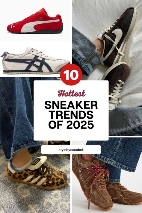 Step into 2025 with the hottest sneaker trends of the year! From retro classics like Nike Cortez and Adidas Sambas to bold silver styles, animal prints, and high-top sneakers, this guide has it all. Don’t miss comfy runners with cushy soles, bright colors, and iconic pairs like the Puma Speedcat, Onitsuka Mexico, and New Balance 530 ++ Find your next favorite pair and stay ahead of the trends! Outfits With Retro Sneakers, Trending Sneakers 2025 Women, Womens Sneakers Aesthetic, Spring Sneakers 2025, Spring 2025 Sneakers, Trendy Sneakers 2025 Women, Trending Sneakers Women, Sneakers Trend 2025, Spring 2025 Shoe Trends