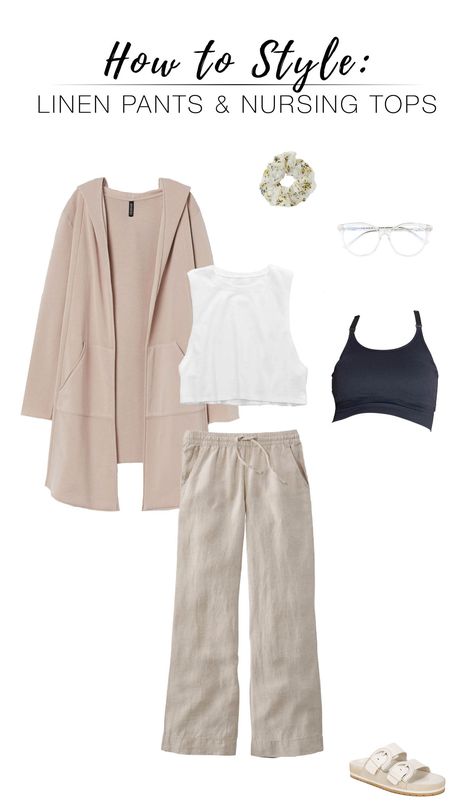 10 CUTE POSTPARTUM OUTFIT IDEAS: NURSING-FRIENDLY TOPS + LINEN PANTS | Wrap tops, button up shirts, v necks, blouses...we're pairing all these nursing-friendly styles with cute, drawstring linen pants for postpartum outfits. Hello, baby! | #TheMomEditStyle #TheMomEditPostpartum #NursingFriendlyTops #NursingFriendlyClothes #HowToWearLinenPants #PostpartumWorkOutfits #PostpartumOutfits #NursingFriendlyOutfits #WrapTops #VNeckTShirts #PostpartumBlouses Nursing Mom Outfits, Postpartum Outfits Summer, Linen Pants Outfit Ideas, Breastfeeding Friendly Outfits, Postpartum Outfits, Nursing Outfit, Nursing Friendly Outfits, Nursing Friendly Tops, V Necks